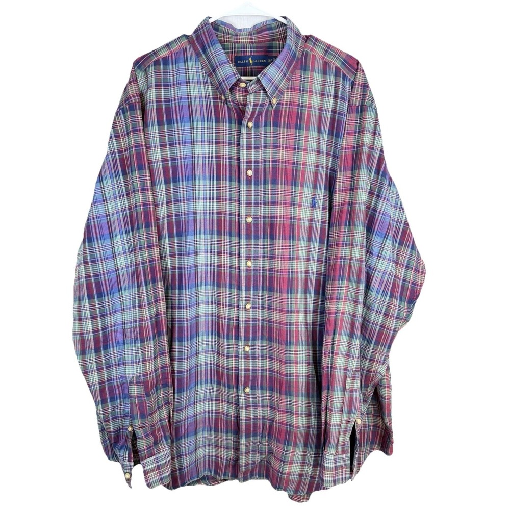 VTG Polo Ralph Lauren Mens Big & Tall‎ Shirt Plaid Button Down Pony Logo 2XLT